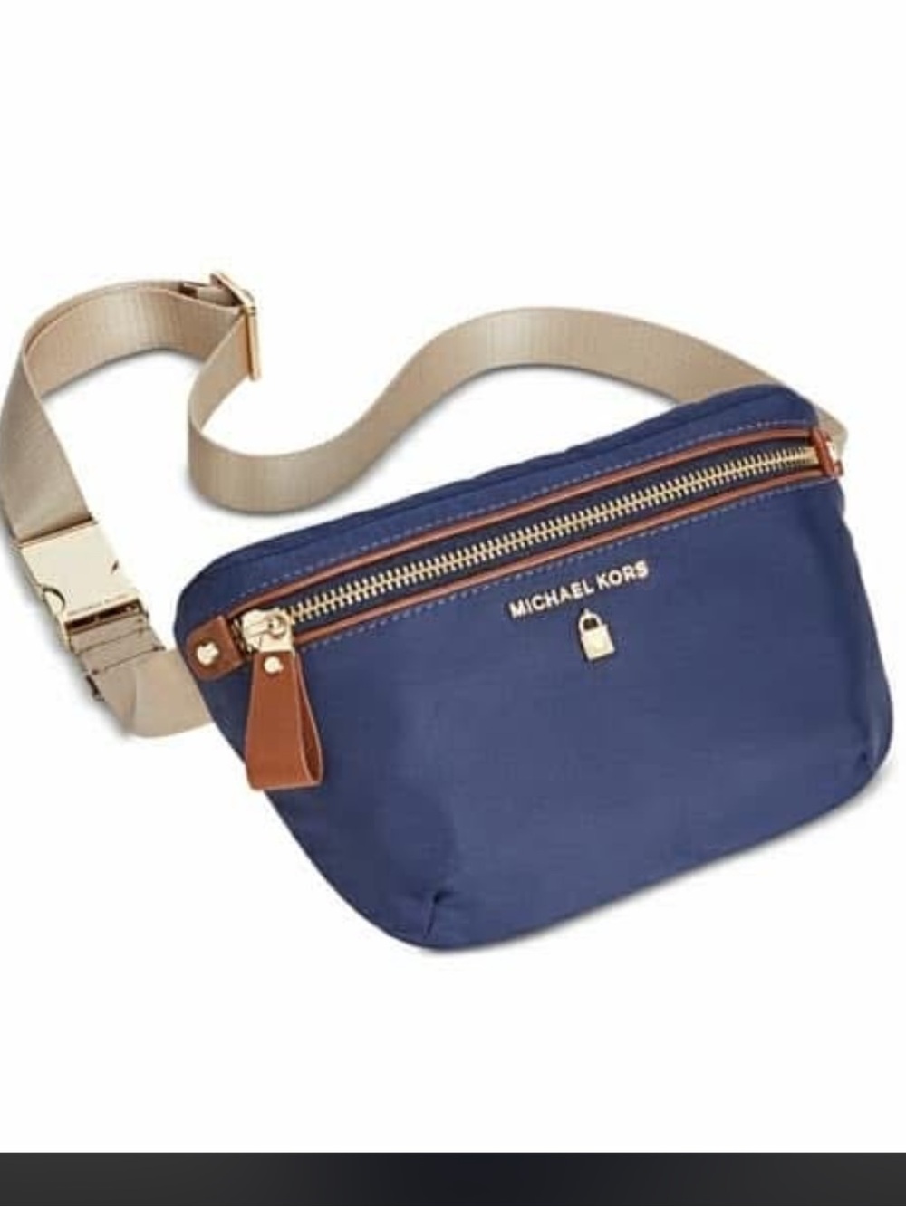 Michael Kors Navy Crossbody Belt Bag with Beige Strap and Tan Accents